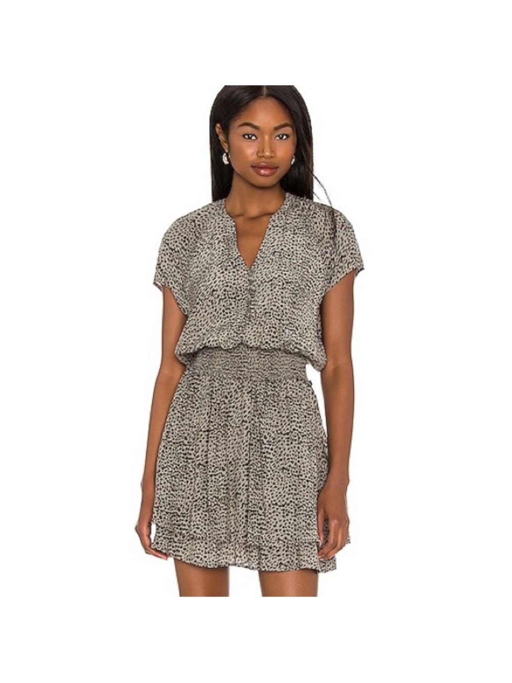 Rails Karla mini dress in Onyx Lynx leopard print w smocked waist cap sleeve